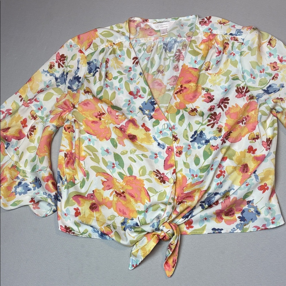 LC Lauren Conrad Floral Tie-Front Cropped Blouse with Bell Sleeve